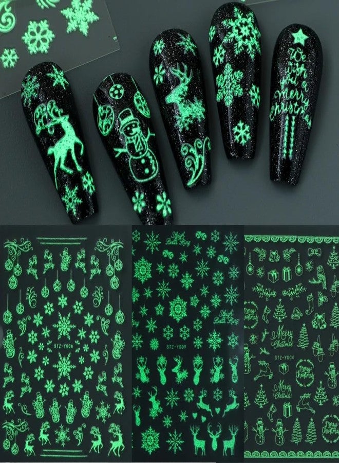 9 Sheets Christmas Glow in The Dark Nail Art Stickers Self-Adhesive Snowflake Nail Stickers Winter Holiday Snowman Santa Elk Design Xmas Snowflake Decoration Accessories (Christmas Nail Stickers) - Image 2