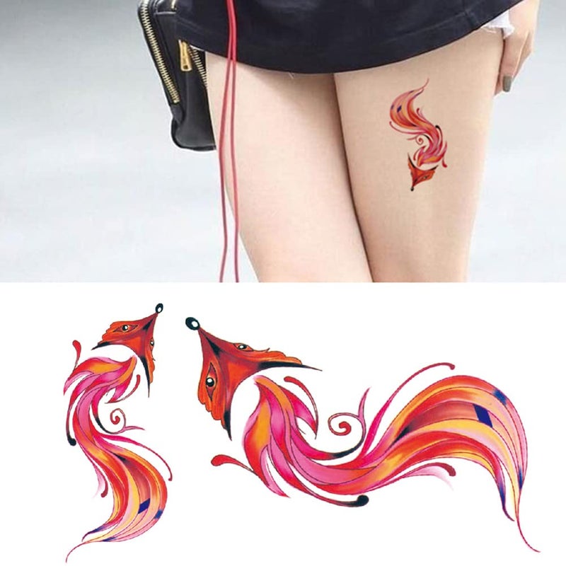 Oottati Small Cute Temporary Tattoo Sticker Set of 2 - Belly Cesarean Section Scar Cover Red Fox Totem Designs for Hand Neck Face Wrist, Waterproof Fake Body Art, Simple Unisex Skin Decals
