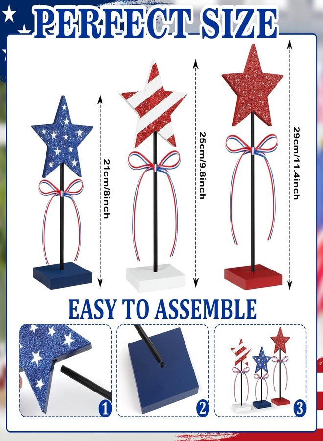Hedeey 4th of July Tiered Tray Decor Wooden Star Set, 3 Pcs Memorial Day Table Decorations, Rustic Patriotic Tabletop Home Decor, Red White and Blue Decorations for Home (Shiny) - Image 3