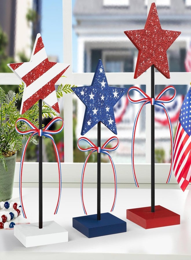 Hedeey 4th of July Tiered Tray Decor Wooden Star Set, 3 Pcs Memorial Day Table Decorations, Rustic Patriotic Tabletop Home Decor, Red White and Blue Decorations for Home (Shiny) - Image 2
