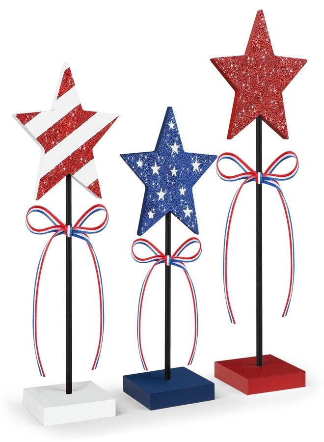Hedeey 4th of July Tiered Tray Decor Wooden Star Set, 3 Pcs Memorial Day Table Decorations, Rustic Patriotic Tabletop Home Decor, Red White and Blue Decorations for Home (Shiny) - Image 1