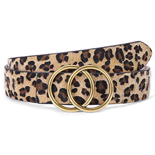 SUOSDEY Women's Leopard Print Leather Belt for Jeans Dresses Fashion Waist Belt with Gold Double Ring Buckle - Image 1