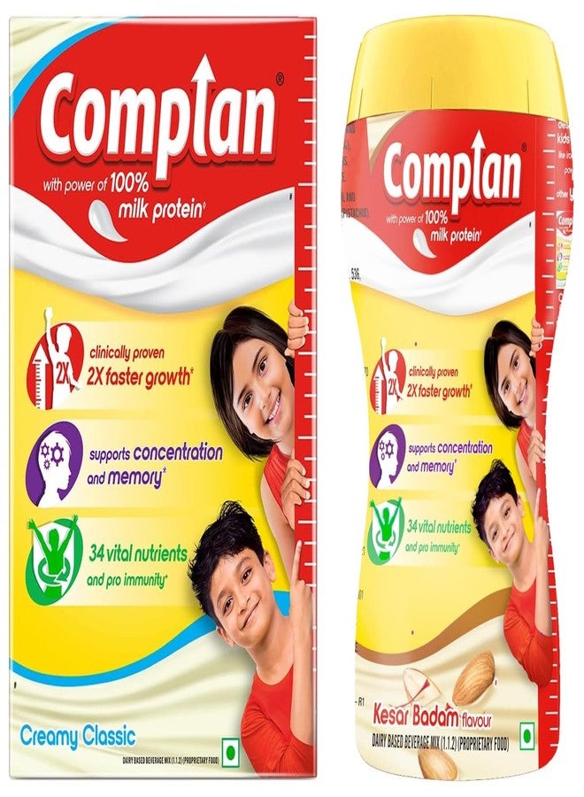 Complan Nutrition Drink Powder for Children, Kesar Badam Flavour, 500 g Jar & Creamy Classic 500g | Nutrition drink for kids with protein & 34 vital nutrients - Image 1