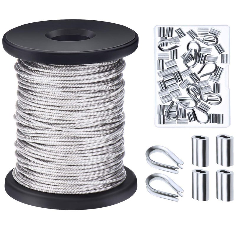 Canomo 1/16 Inch X 98 Feet (1.5Mm X 30M) Vinyl Coated Stainless Steel Picture Hanging Wire Rope Cable With 50 Pieces Aluminum Crimping Sleeves 10 Pieces Thimble And 50 Pieces D-Ring Hangers - Image 1