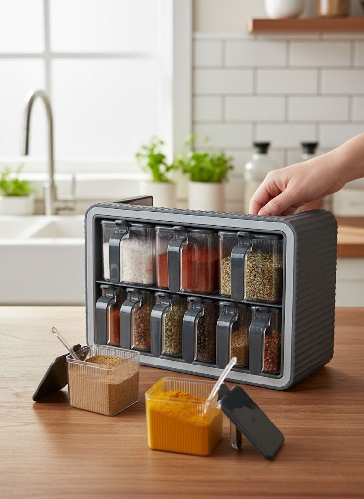 بارونس طقم برطمانات بهارات بلاستيك 9 قطع مع حامل باللون الرمادي/الأسود (صنع في تركيا) - Image 1