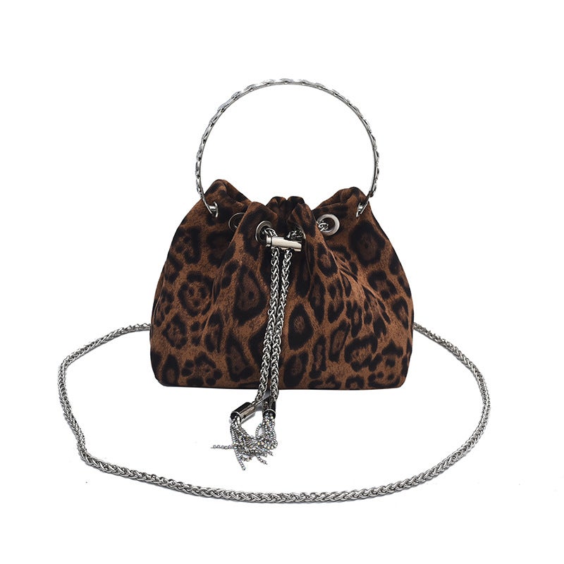 Small Bag Female New Popular Leopard Print Chain Crossbody Bag Niche Trendy Diamond-Encrusted Satchel Bucket Bag - Image 1