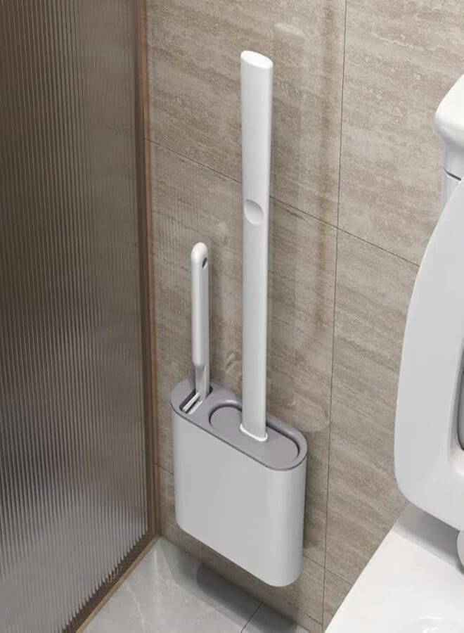 Silicone Toilet Brush with Holder, Quick Drying, No Leaks and Odors, All-Round Cleaning Without Dead Corners, Grey and White