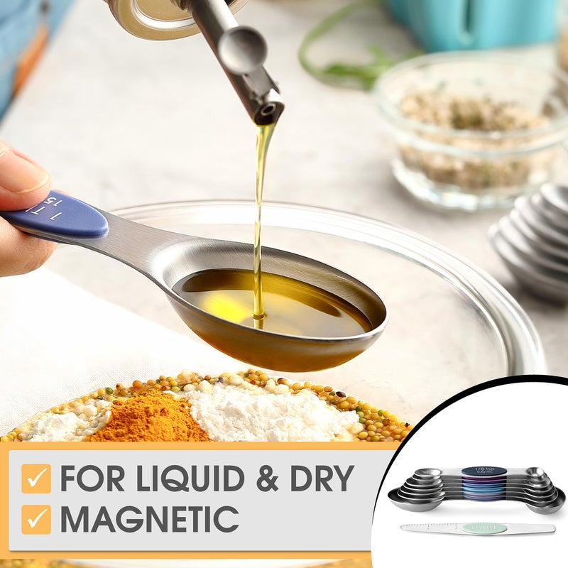 Spring Chef Stainless Steel Magnetic Measuring Spoons Set of 8 with Leveler, Dual Sided Metal Teaspoon & Tablespoon Measuring Spoons, Nesting Kitchen Gadgets for Baking & Cooking - Winter Frost - Image 4