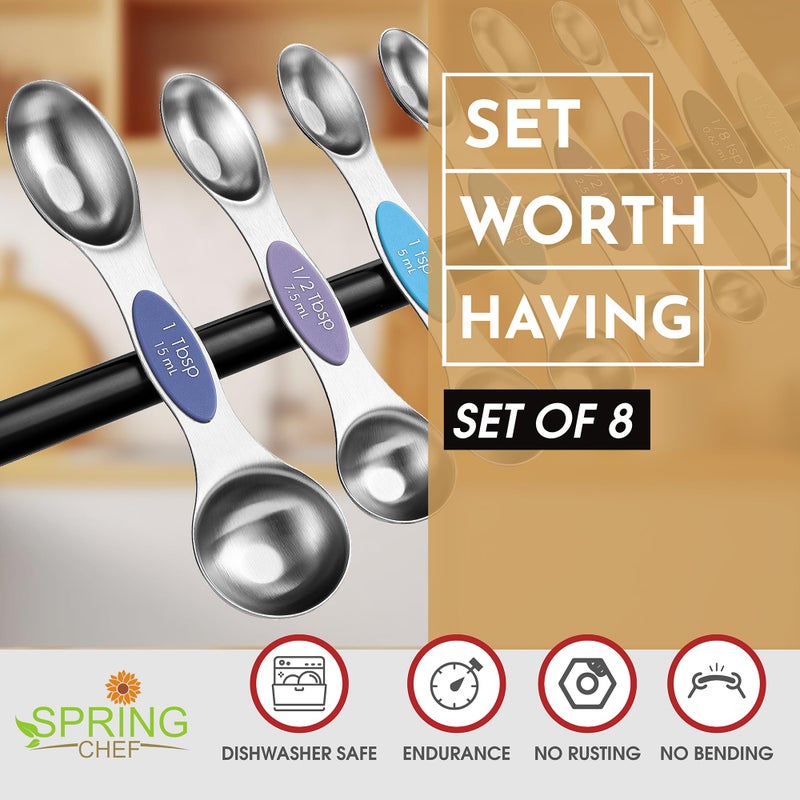Spring Chef Stainless Steel Magnetic Measuring Spoons Set of 8 with Leveler, Dual Sided Metal Teaspoon & Tablespoon Measuring Spoons, Nesting Kitchen Gadgets for Baking & Cooking - Winter Frost - Image 2