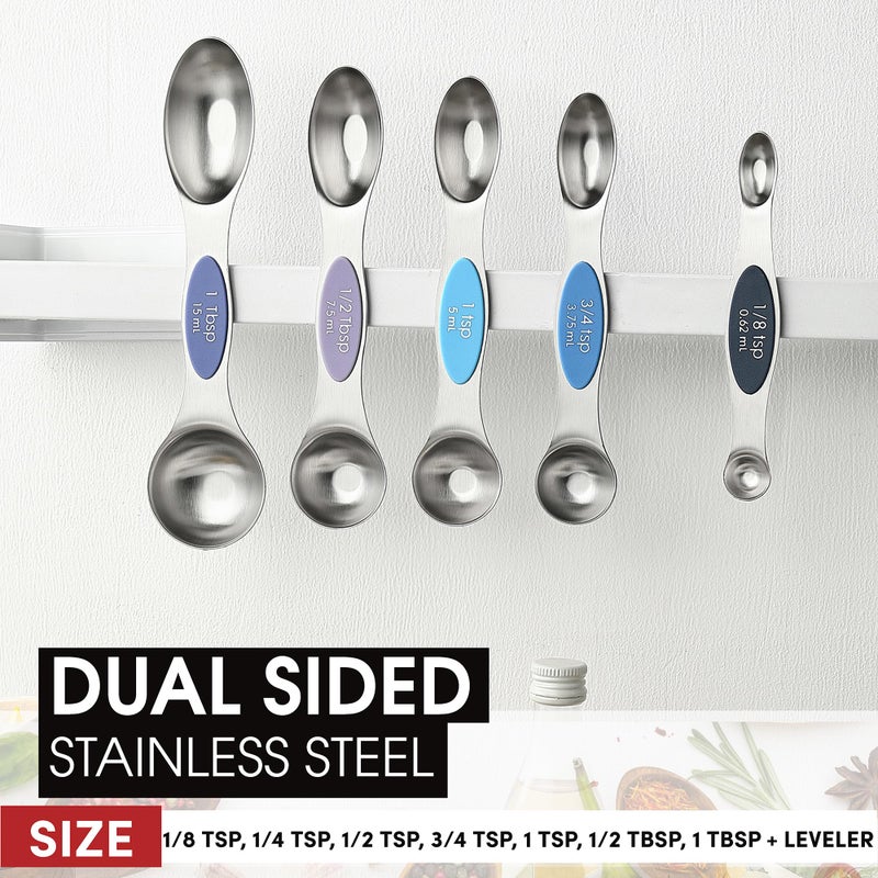 Spring Chef Stainless Steel Magnetic Measuring Spoons Set of 8 with Leveler, Dual Sided Metal Teaspoon & Tablespoon Measuring Spoons, Nesting Kitchen Gadgets for Baking & Cooking - Winter Frost - Image 3