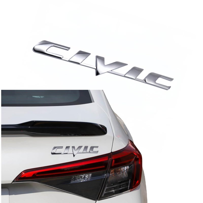 GWJWAJAY 3D Metal Civic Car Emblem Badge Car Badge Decals Logo Trunk Lid Decoration Stylish Stainless Steel Tail Logo Sticker Automotive Exterior Accessory Free 4 Rolled Flower Nozzle caps (Silvery) - Image 2