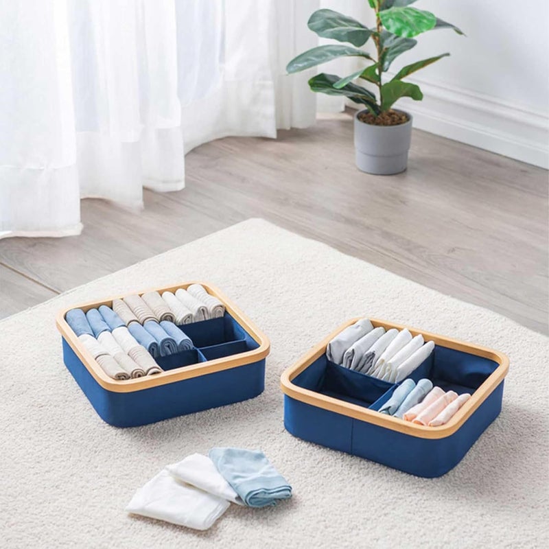 LUXE HOME INTERNATIONAL Luxe Home Bamboo Frame Clothes Drawer Organisers with 9 Sections Ideal for Wardrobe Men Socks Organizer for Wardrobe Underwear Organizer Bra Panty Organizer for Wardrobe 30x30 cm Navy Blue - Image 1