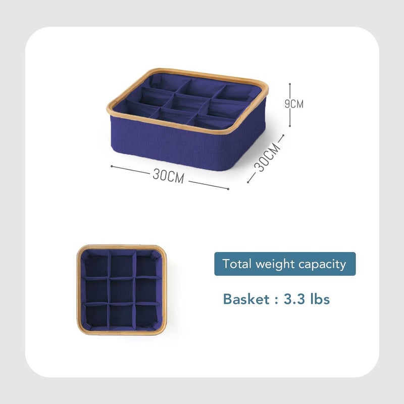 LUXE HOME INTERNATIONAL Luxe Home Bamboo Frame Clothes Drawer Organisers with 9 Sections Ideal for Wardrobe Men Socks Organizer for Wardrobe Underwear Organizer Bra Panty Organizer for Wardrobe 30x30 cm Navy Blue - Image 2
