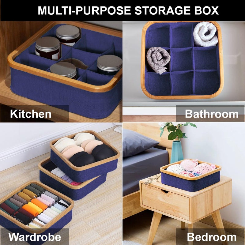 LUXE HOME INTERNATIONAL Luxe Home Bamboo Frame Clothes Drawer Organisers with 9 Sections Ideal for Wardrobe Men Socks Organizer for Wardrobe Underwear Organizer Bra Panty Organizer for Wardrobe 30x30 cm Navy Blue - Image 4
