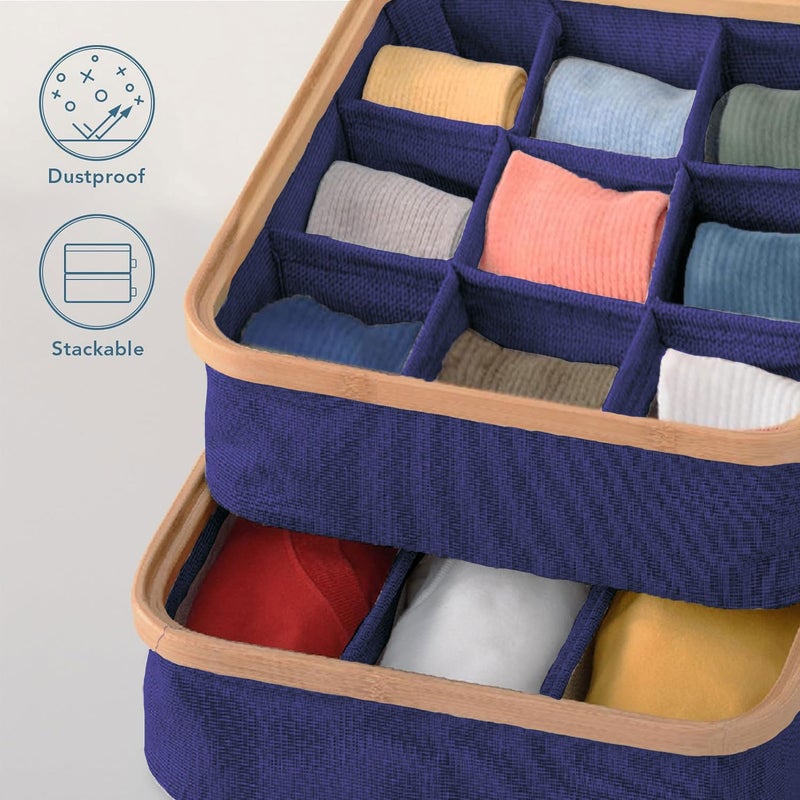 LUXE HOME INTERNATIONAL Luxe Home Bamboo Frame Clothes Drawer Organisers with 9 Sections Ideal for Wardrobe Men Socks Organizer for Wardrobe Underwear Organizer Bra Panty Organizer for Wardrobe 30x30 cm Navy Blue - Image 5
