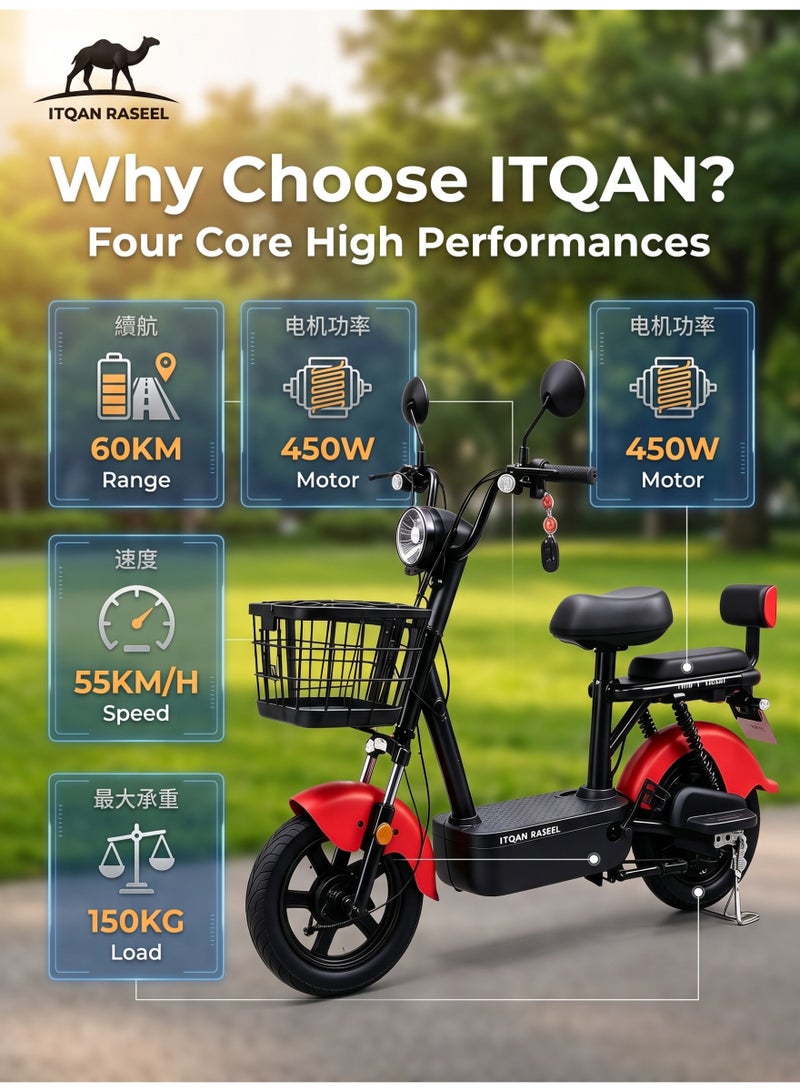 ITQAN RASEEL Two Seater  E scooter、E-Bicycle, 150kg Max Load Rear Shock Absorber With Front Basket PU Soft Seat  Compact E Scooter Bike for Riyadh Jeddah Daily City Commute - Image 3