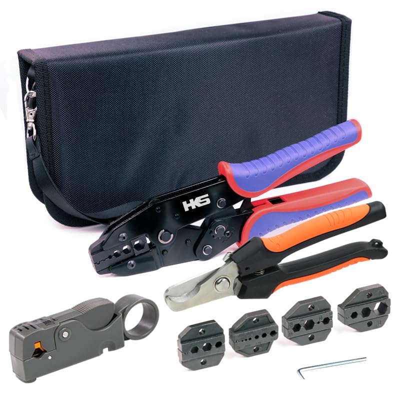 HKS Coax Ratchet Crimping Tool Kit for Coaxial RG Cable RF Connector with 5 Changeable Dies Rotary Coaxial Cable StripperCutter and StripperCutter Piler