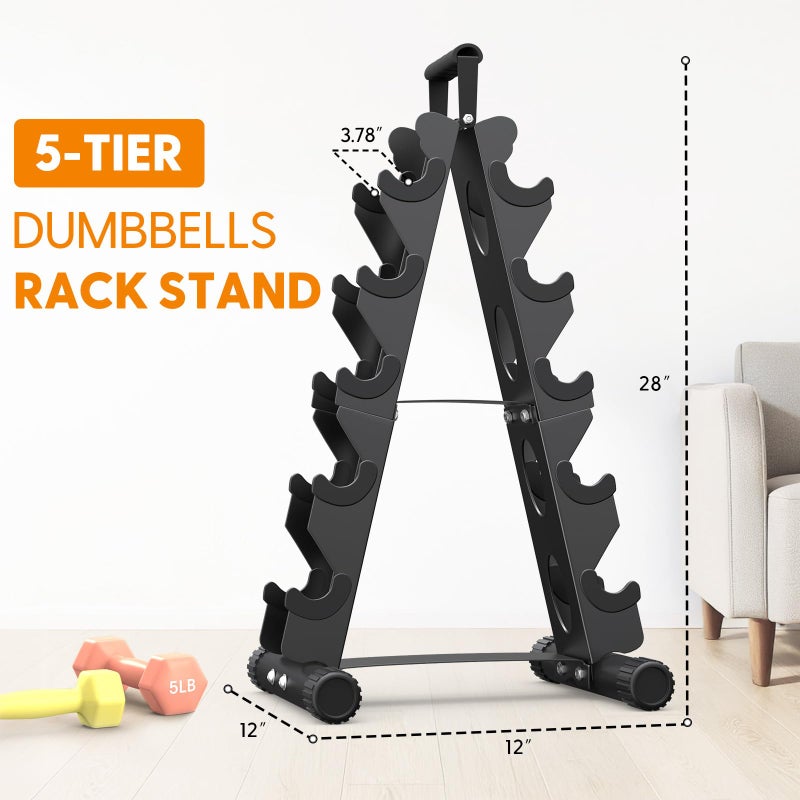 AmazeFan 5 Tier | 3-Tier Dumbbell Rack Stand Only, A-Frame Design Weight Rack with Handle, Weights Metal Strength Training Dumbbells Storage Rack for Home Gym Space Saver (Dumbells not Included) (Black, 5 Tier) - Image 5