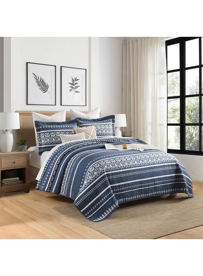 BCOTTOND King Quilt Set 100% Cotton Boho Striped King Quilt,Navy Blue Quilt King Size Bohemian Pattern King Bedspread Lightweight All Season 3 Piece - Image 2