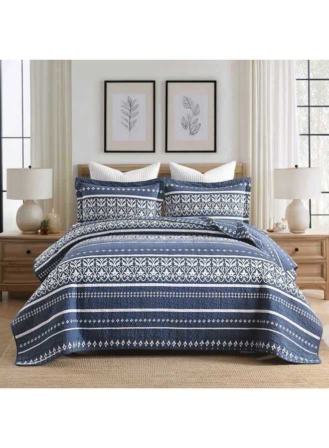 BCOTTOND King Quilt Set 100% Cotton Boho Striped King Quilt,Navy Blue Quilt King Size Bohemian Pattern King Bedspread Lightweight All Season 3 Piece - Image 1
