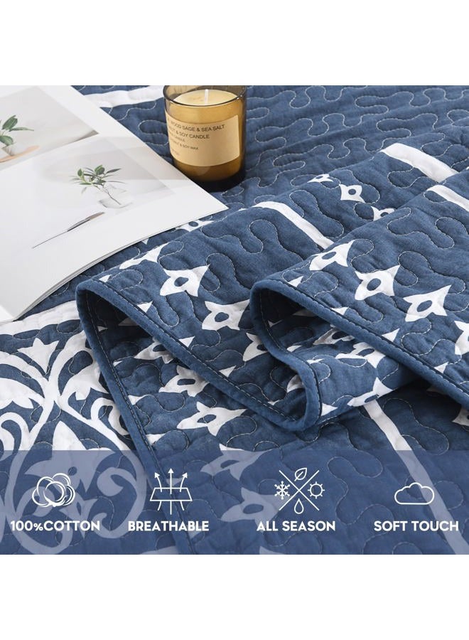 BCOTTOND King Quilt Set 100% Cotton Boho Striped King Quilt,Navy Blue Quilt King Size Bohemian Pattern King Bedspread Lightweight All Season 3 Piece - Image 4