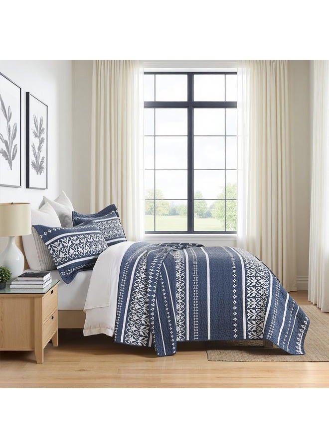 BCOTTOND King Quilt Set 100% Cotton Boho Striped King Quilt,Navy Blue Quilt King Size Bohemian Pattern King Bedspread Lightweight All Season 3 Piece - Image 3