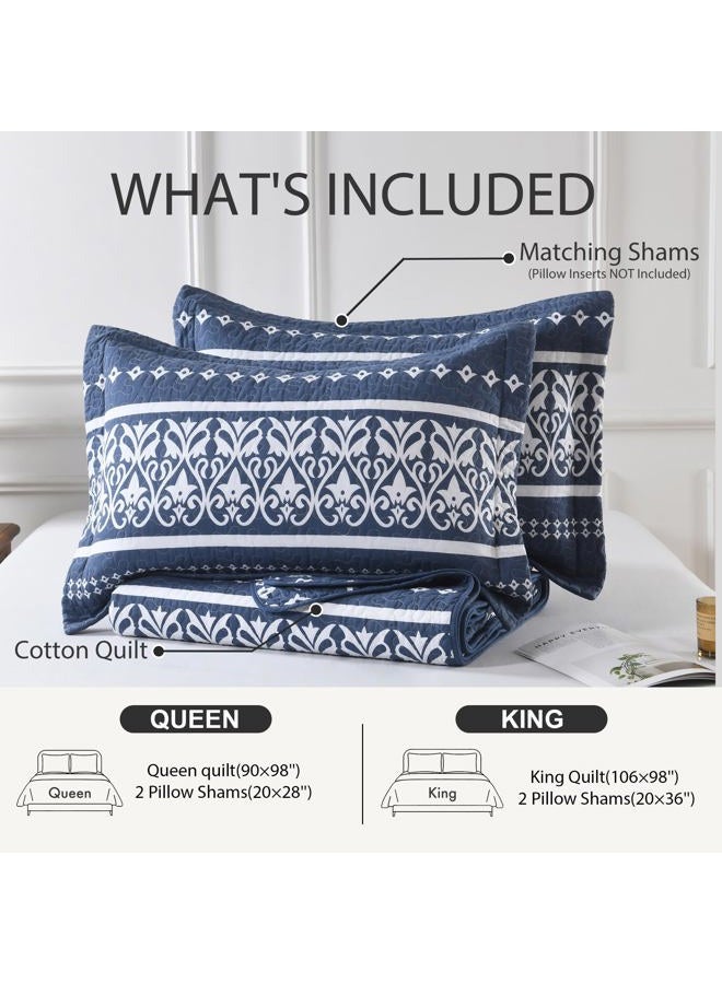 BCOTTOND King Quilt Set 100% Cotton Boho Striped King Quilt,Navy Blue Quilt King Size Bohemian Pattern King Bedspread Lightweight All Season 3 Piece - Image 5