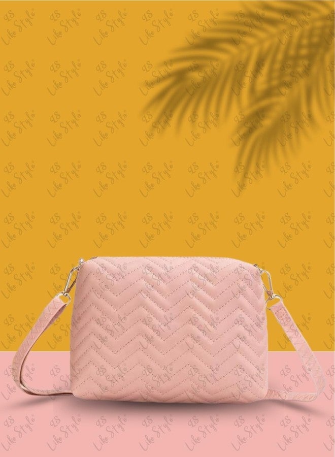 LIKE STYLE Quilted PU Rexine Sling Bag with Detachable Strap (Pink) - Image 3