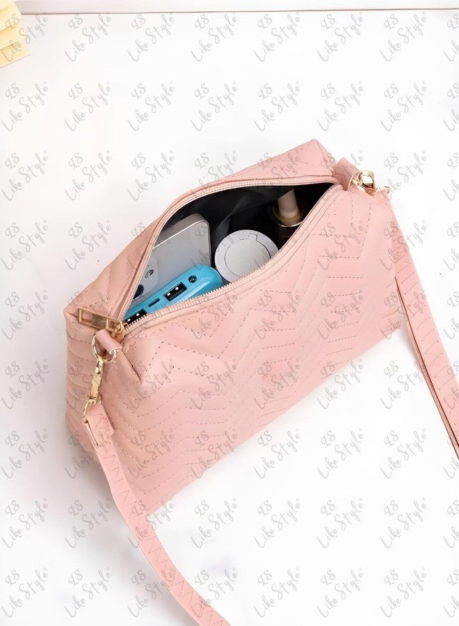 LIKE STYLE Quilted PU Rexine Sling Bag with Detachable Strap (Pink) - Image 4