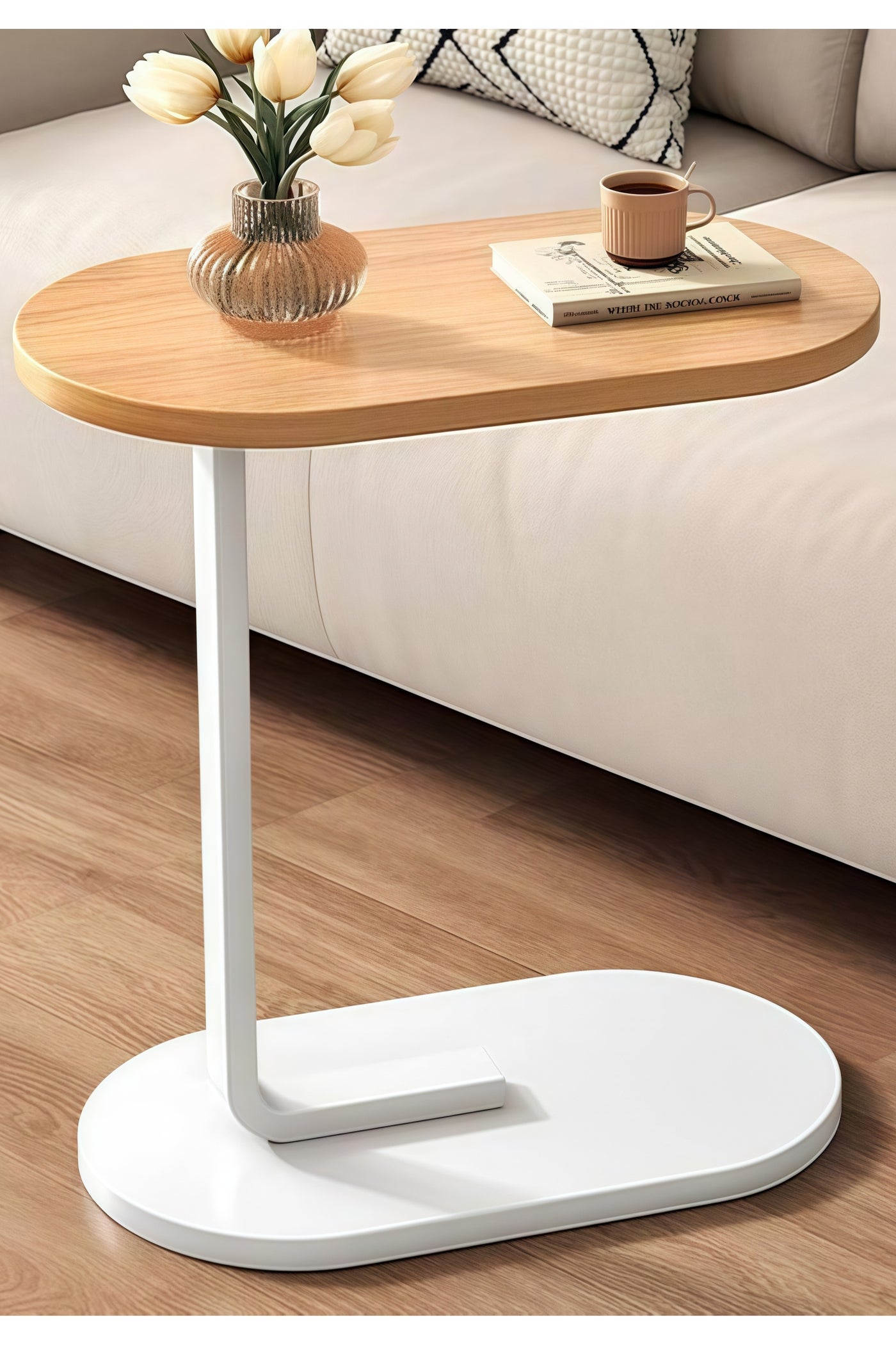 C Shaped End Table, Side Table for Couch and Bed, Small Side Table, TV Tray Table for Small Spaces, Living Room, Bedroom, Rustic Snack Table