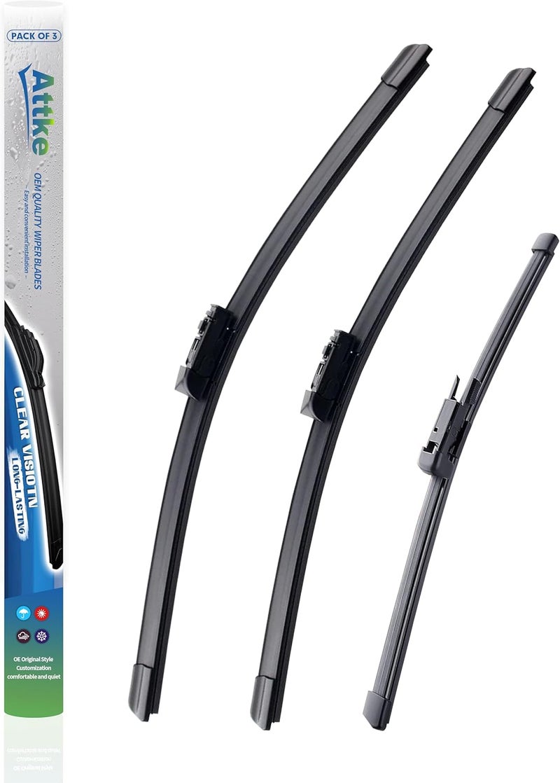 ATTKE All Weather Wiper Blades, 24” + 21” Front Wiper and 13” Rear Wiper Blades for Volkswagen Tiguan 2007-2017, OE Genuine Style (3 Wipers) - Image 1