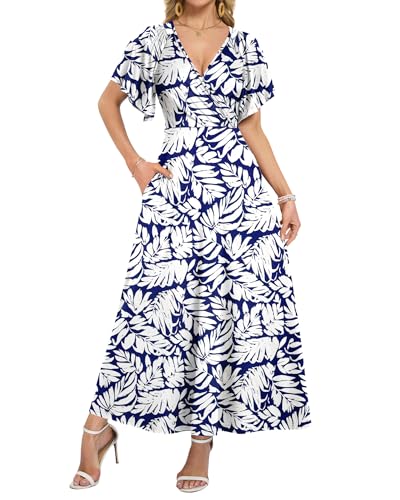 AUSELILY Maxi Dresses Women 2026 Summer Long Flowy Wrap Dress Ruffle Sleeve Deep V Neck Formal Dress with Pockets Indigo Shadow Leaf M - Image 1