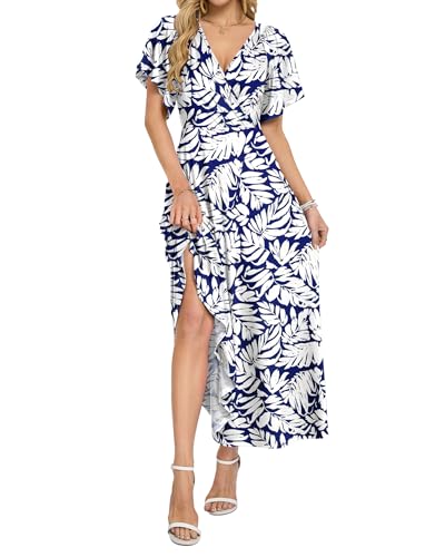 AUSELILY Maxi Dresses Women 2026 Summer Long Flowy Wrap Dress Ruffle Sleeve Deep V Neck Formal Dress with Pockets Indigo Shadow Leaf M - Image 2