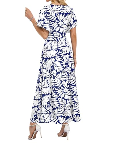 AUSELILY Maxi Dresses Women 2026 Summer Long Flowy Wrap Dress Ruffle Sleeve Deep V Neck Formal Dress with Pockets Indigo Shadow Leaf M - Image 4