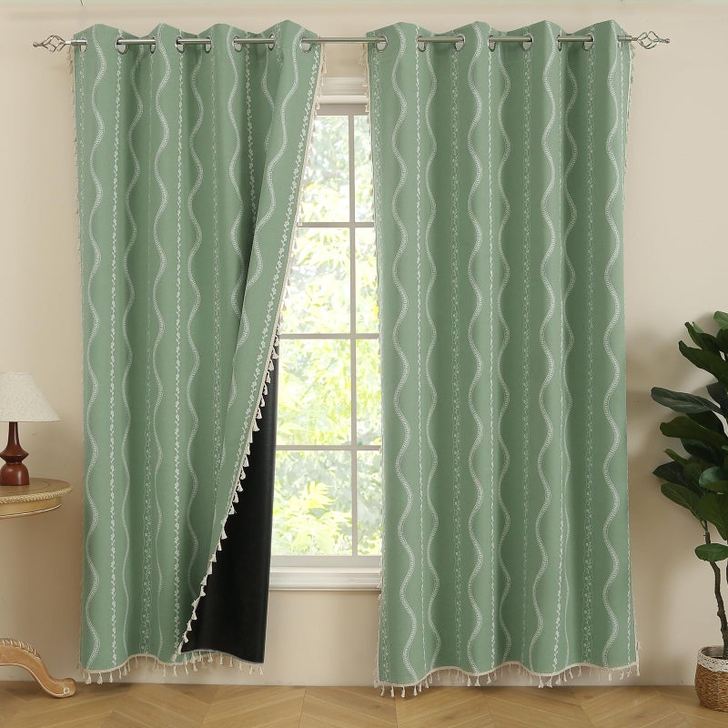 ColorBird Green Blackout Spring Floral Cutains Boho Curtains & Drapes Thermal Farmhouse Bohemian Vintage Cottage Core Black Out Patterned 63 Inch Length for Bedroom Living Dining Room - Image 1