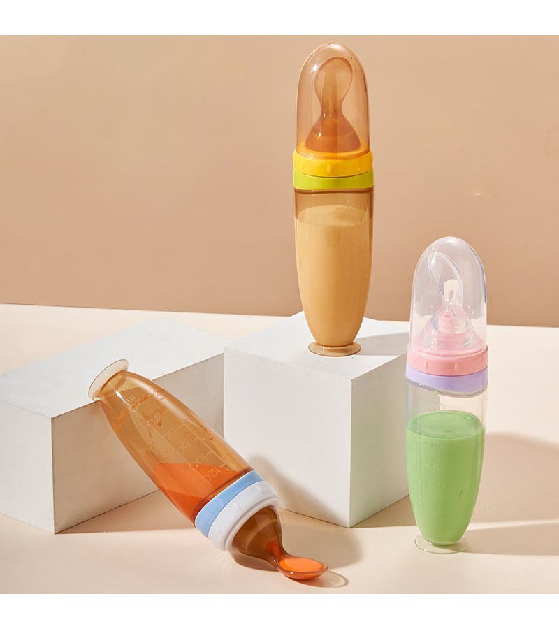 Yellow Liquid Silicone Feeding Bottle 4oz with Spoon Rice Paste Squeeze Dispenser - Image 4