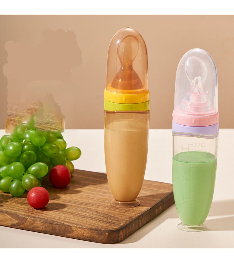 Yellow Liquid Silicone Feeding Bottle 4oz with Spoon Rice Paste Squeeze Dispenser - Image 2