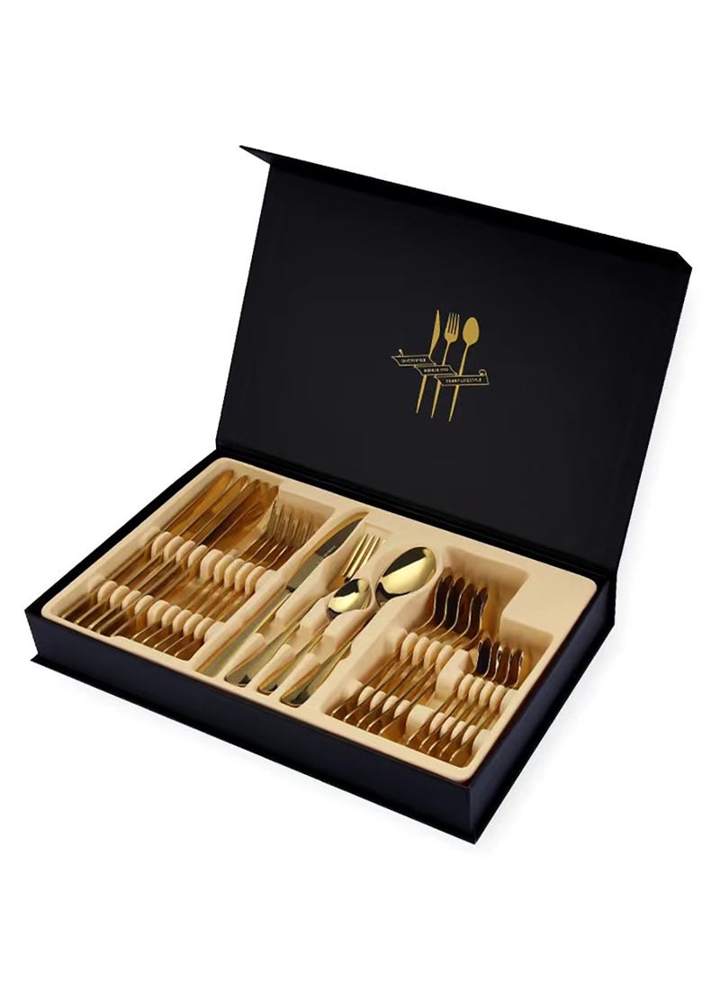 24-Piece Stainless Steel Cutlery Set With No Texture On The Surface Kitchen Utensil Set Western Tableware Suitable For Home Kitchen Restaurant Hotel Party Dining Picnic Dining Exquisite Packaging For Gifts Gold - Image 1