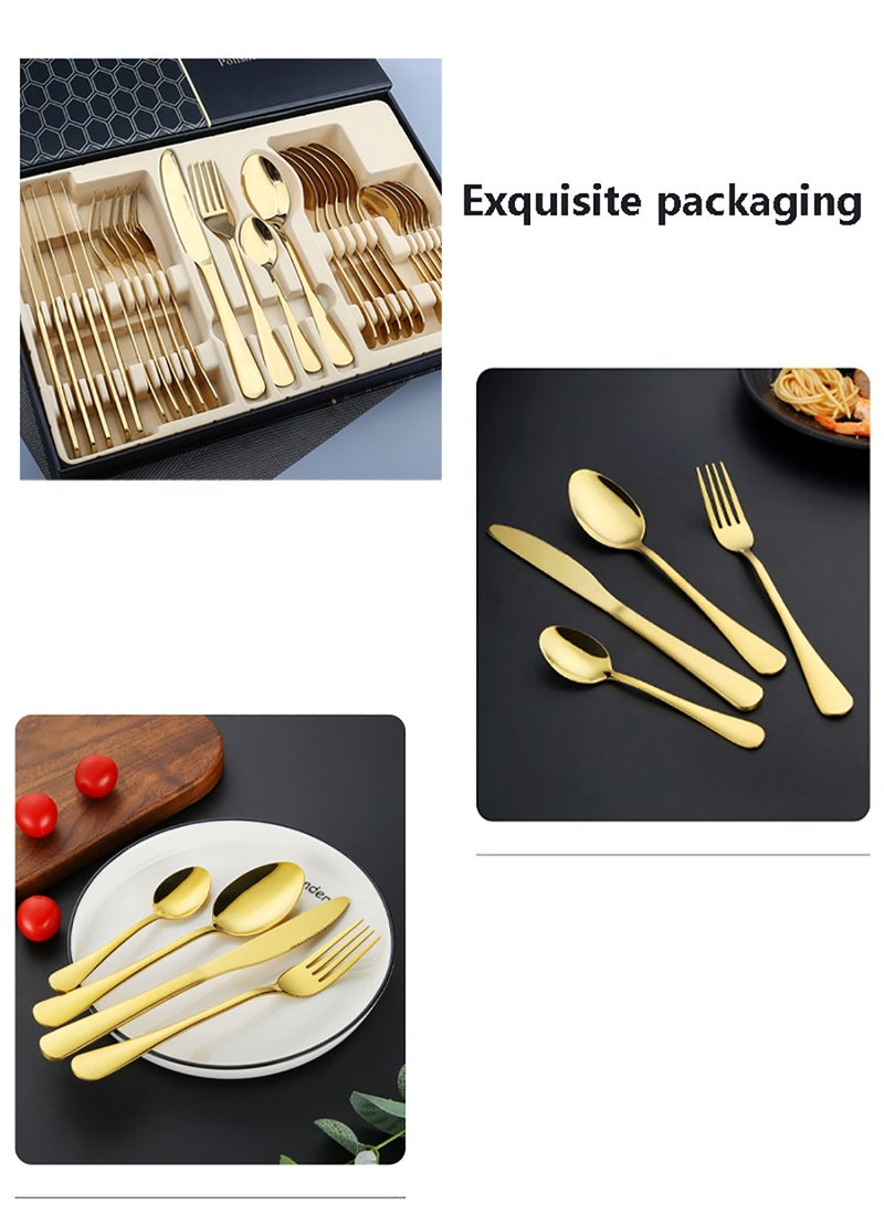 24-Piece Stainless Steel Cutlery Set With No Texture On The Surface Kitchen Utensil Set Western Tableware Suitable For Home Kitchen Restaurant Hotel Party Dining Picnic Dining Exquisite Packaging For Gifts Gold - Image 4