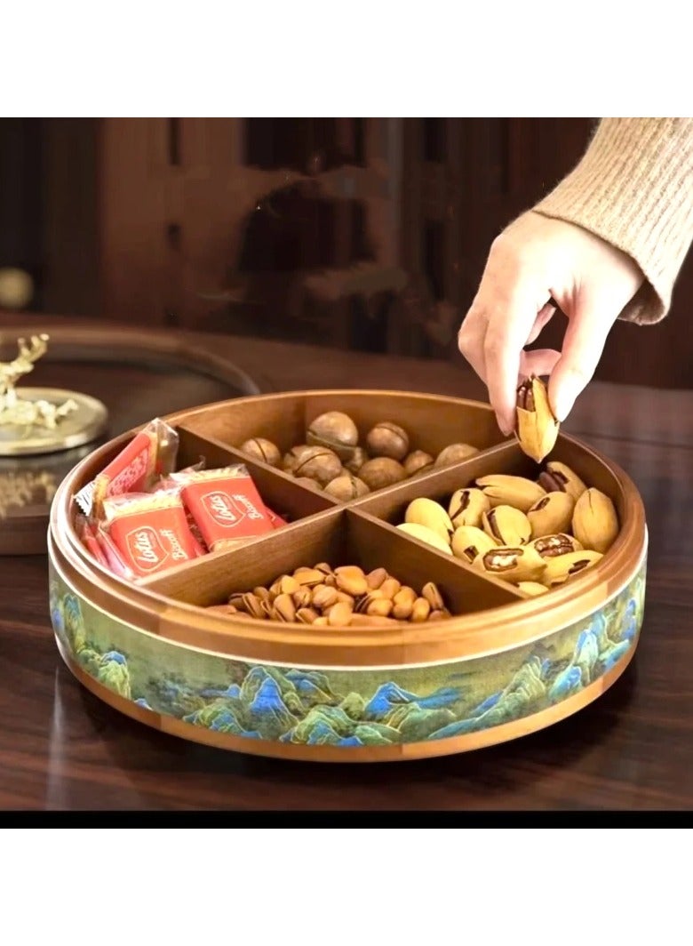 أولودينيز  علبة تقديم فاخرة دوّارة من الخشب بطبقتين – تصميم جبلي مزخرف وغطاء زجاجي بيد غزال ذهبي للمكسرات والحلويات والضيافة - Image 3