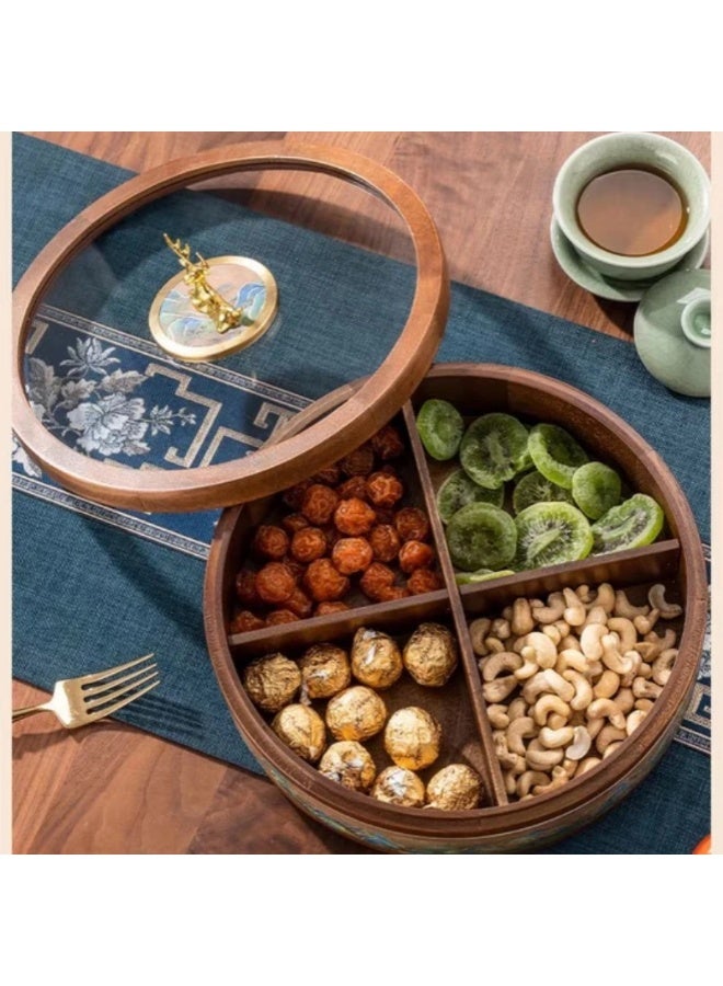 أولودينيز  علبة تقديم فاخرة دوّارة من الخشب بطبقتين – تصميم جبلي مزخرف وغطاء زجاجي بيد غزال ذهبي للمكسرات والحلويات والضيافة - Image 1