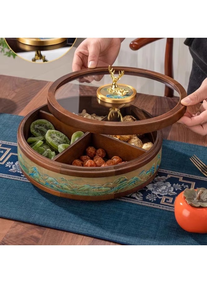 أولودينيز  علبة تقديم فاخرة دوّارة من الخشب بطبقتين – تصميم جبلي مزخرف وغطاء زجاجي بيد غزال ذهبي للمكسرات والحلويات والضيافة - Image 2