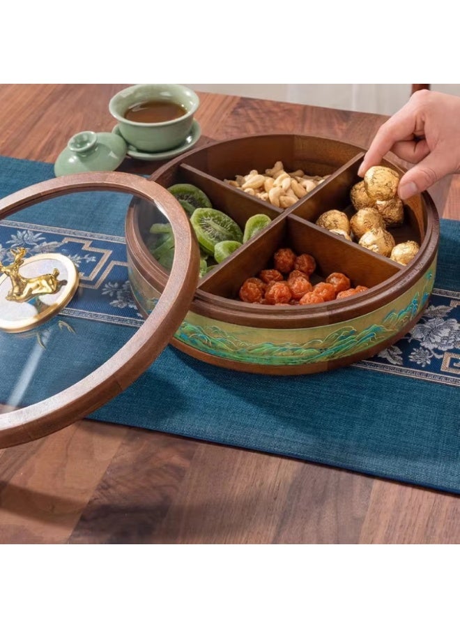 أولودينيز  علبة تقديم فاخرة دوّارة من الخشب بطبقتين – تصميم جبلي مزخرف وغطاء زجاجي بيد غزال ذهبي للمكسرات والحلويات والضيافة - Image 5