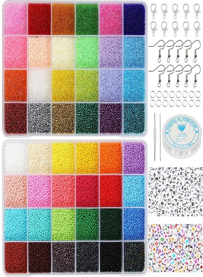 KERGAEN Total 48000pcs Size 2mm Seed Beads for Jewelry Making,12/0 Small Bracelet Beads Craft Beading Kit Set,260pcs Letter Alphabet Beads with Elastic String,Earring Hooks and Claw Clasps - Image 1