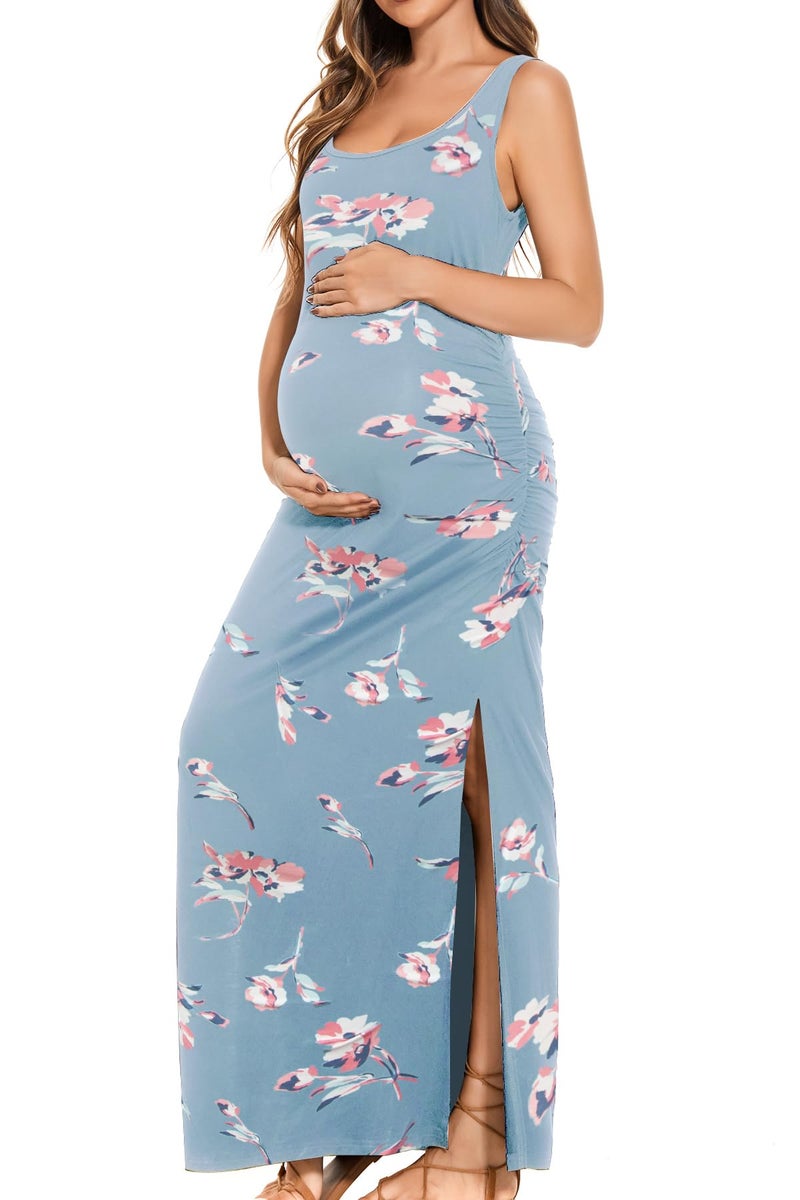 Smallshow Women's Split Long Maternity Dress Sleeveness Ruched Pregnancy Clothes Medium Floral Blue - Image 1