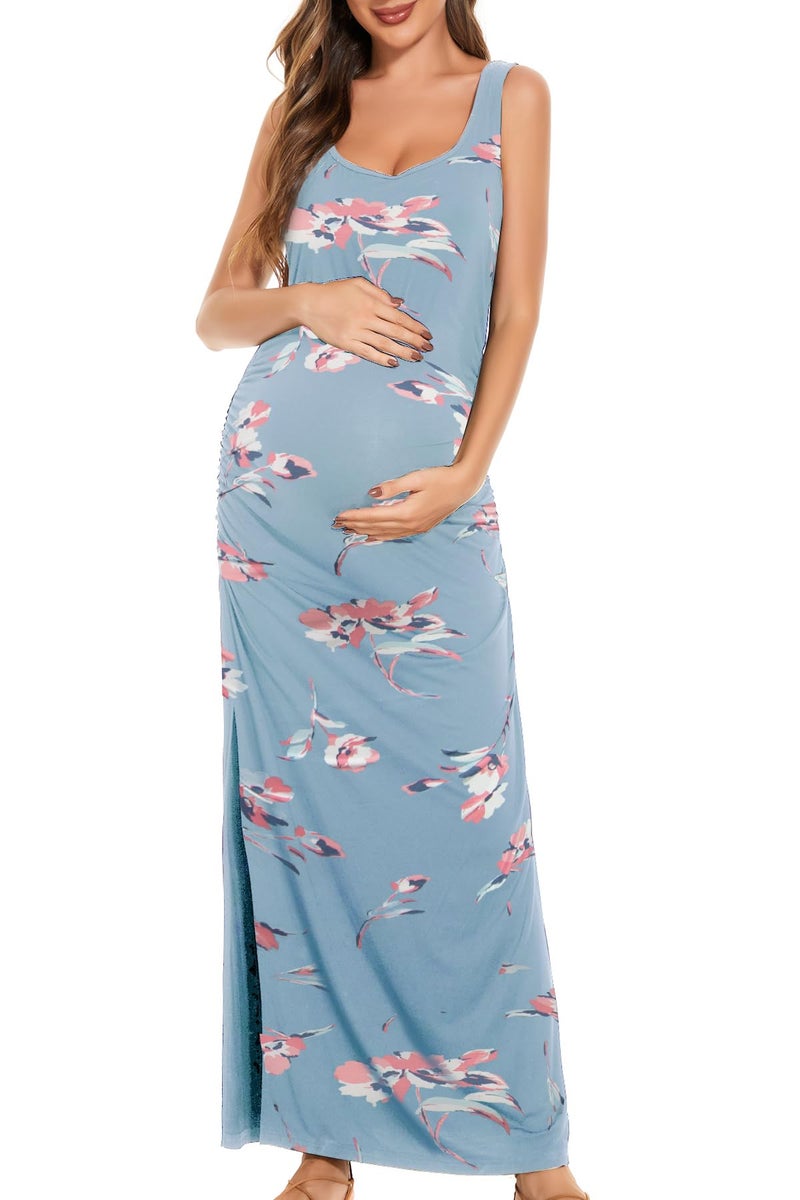 Smallshow Women's Split Long Maternity Dress Sleeveness Ruched Pregnancy Clothes Medium Floral Blue - Image 2