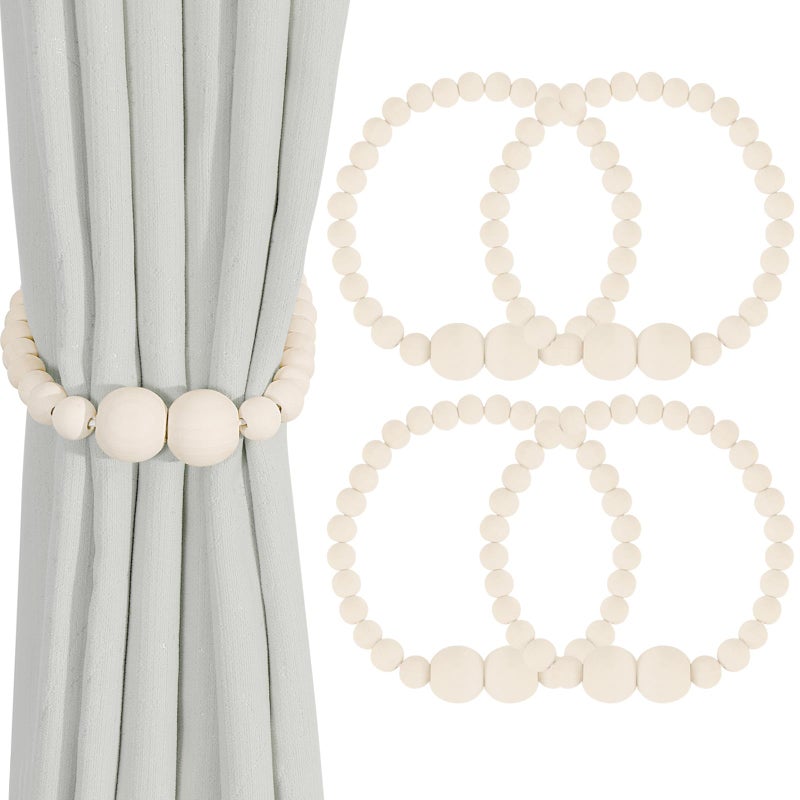KLOGTSIND Magnetic Curtain Tiebacks 4 Pack Curtain Holdbacks for Draperies Wood Bead Curtain Tiebacks Elegant Curtain Tie Backs for Bedroom Decor Boho Room Decor Nursery Decor Farmhouse Decor