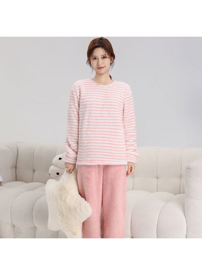 Gujin 25 Years Winter Fleece-lined Women's Pajama Set Long Sleeve Striped Flannel Thickened Homewear - Image 2