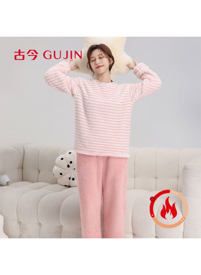 Gujin 25 Years Winter Fleece-lined Women's Pajama Set Long Sleeve Striped Flannel Thickened Homewear - Image 1