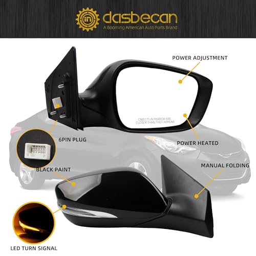 Dasbecan Right Passenger Side Mirror Compatible With 2011-2013 Hyundai Elantra Rear view Mirror Black With Manual Folding/Heated/Power Adjustment/Turn Signal Replace# HY1321178 (6Pin) - Image 2